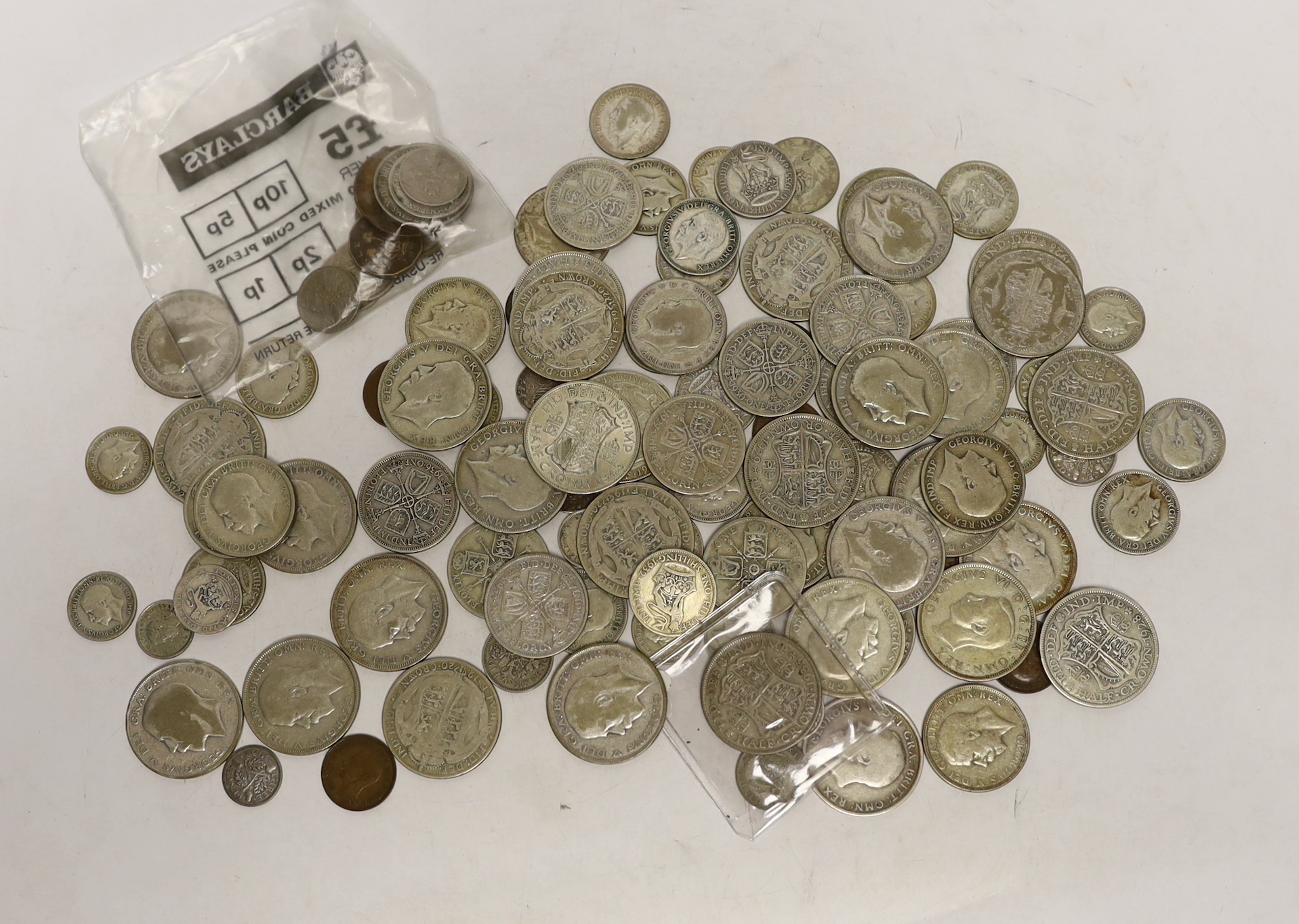 British coins, Victoria to George VI, the majority pre-1947 halfcrowns, florins, shillings, sixpences and threepence coins